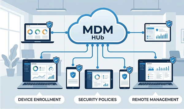 Secure cloud hub managing connected employee devices