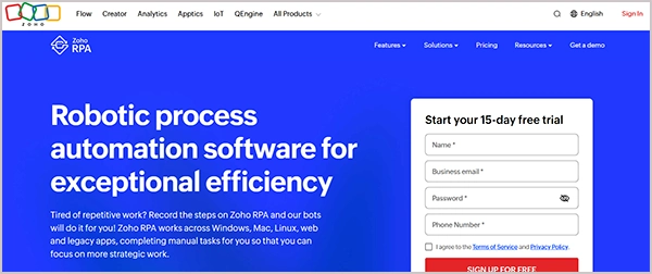Zoho RPA home page