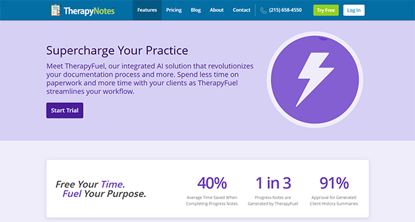 interface of the TherapyNotes practice management software