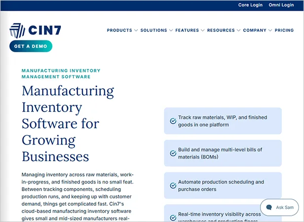 Cin7 manufacturing inventory software website interface