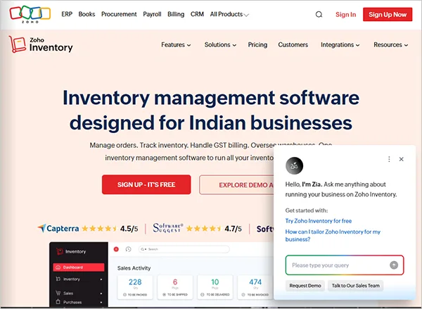 Zoho Inventory website interface