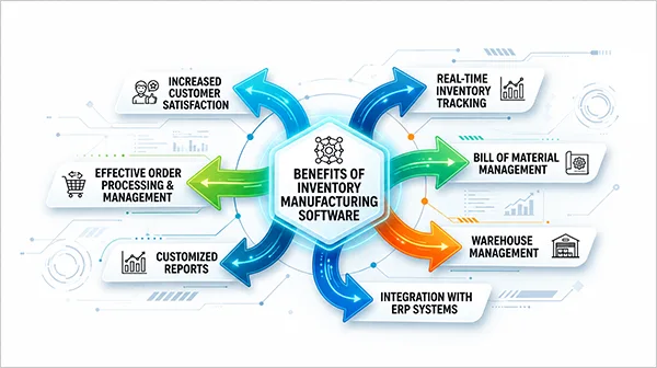 an image with textual representation of BENEFITS OF INVENTORY MANUFACTURING SOFTWARE with arrows